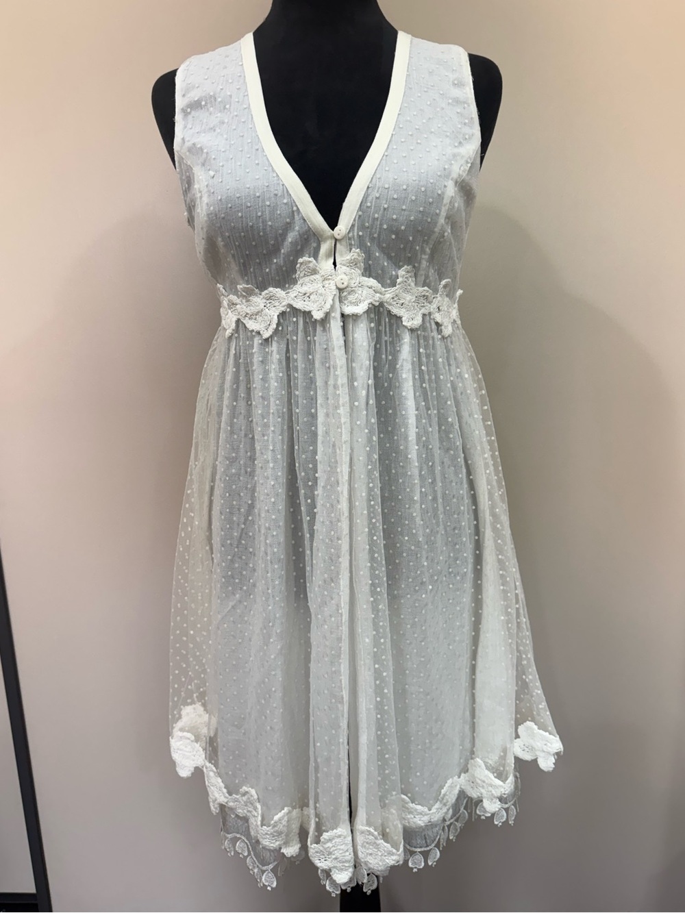 Mais Il Est Ou Le Soleil Sheer White Swiss Dot Maxi Vest Lace Details Size 38